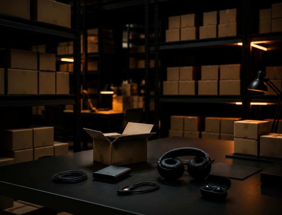 Magazijn met verzenddozen en elektronica op een inpaktafel